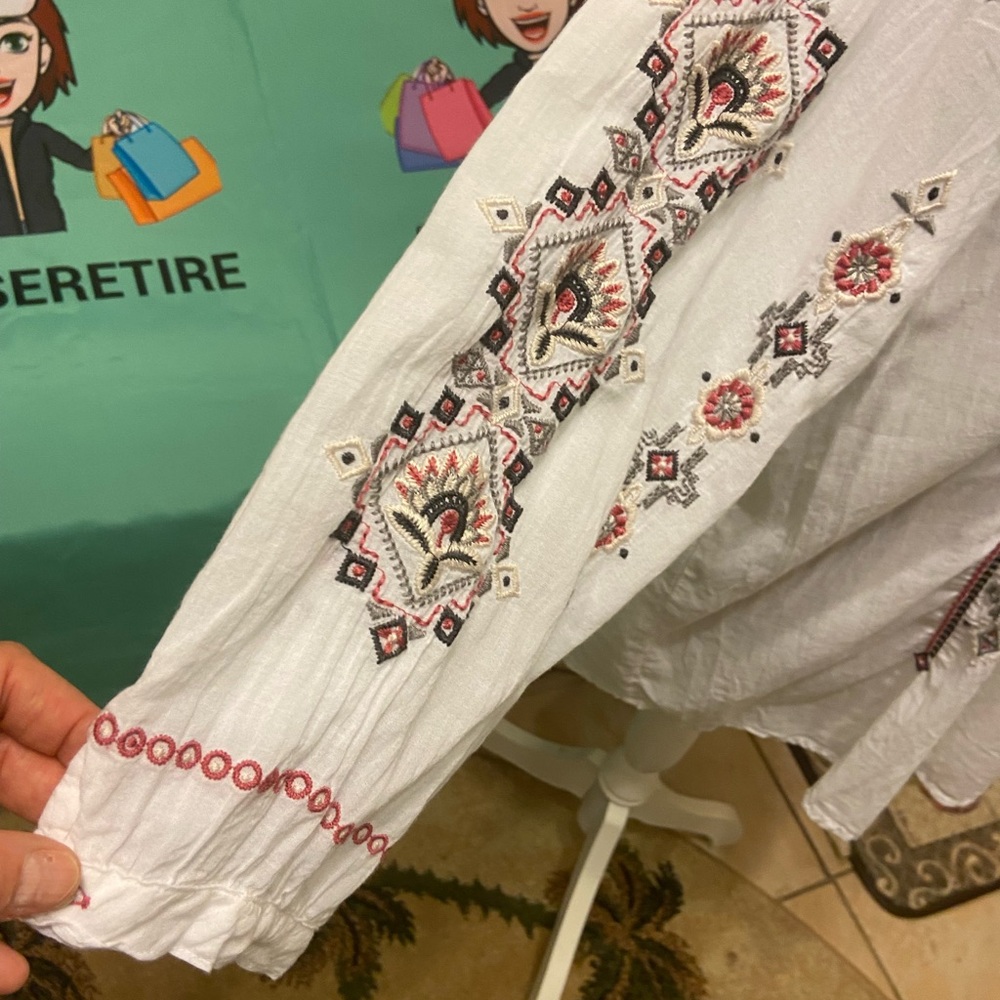 Johnny Was Tatum Peasant White Embroidered XL Boho Blouse